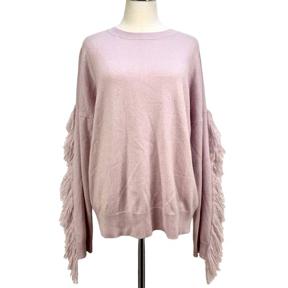 Brown Allan Wool & Cashmere Crewneck Sweater Fringe Sleeves Pink - Picture 1 of 7